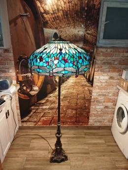 stojąca lampa witrażowa Tiffany, śred. 61 cm, wys. 160,ważki